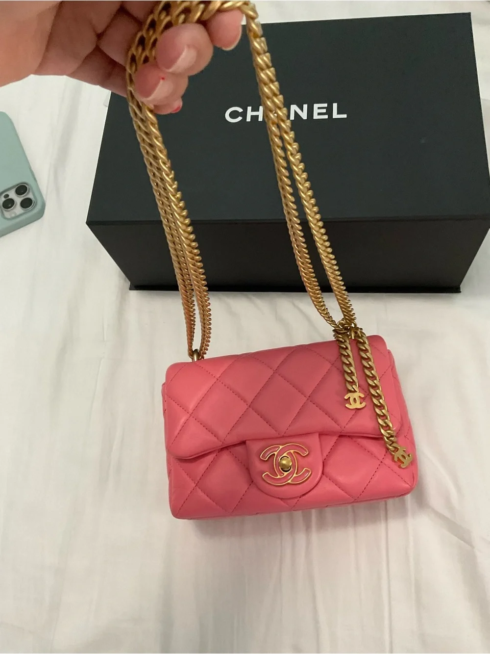 22P Pink Enamel Lambskin Quilted Pending CC Small Square Flap Aged Gold Hardware